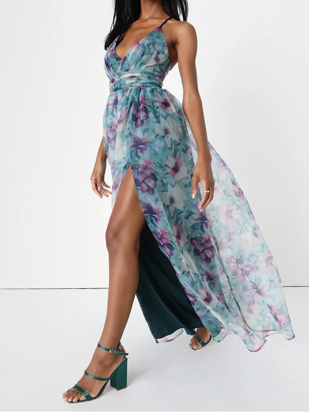 Lulus - Romance That Wows Dark Teal Floral Print Organza Maxi Dress